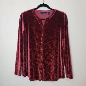 LANDS' END Red Velvet Burnout Embossed Button Down Top Dressy Festive Fall Sz M